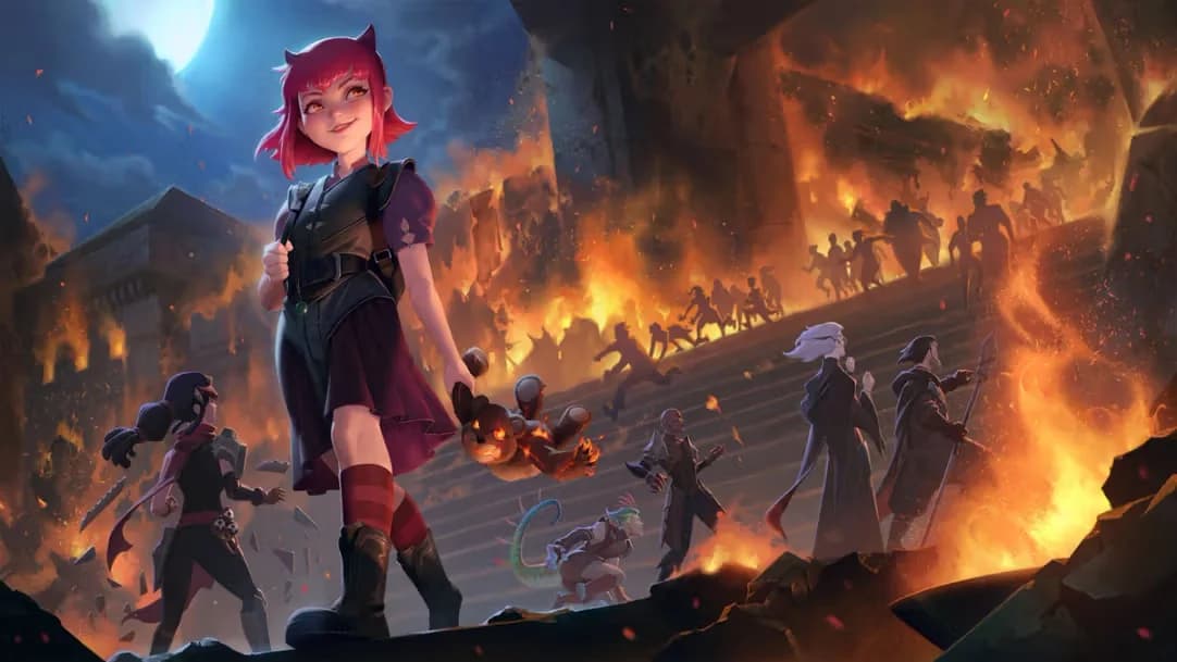 Annie đứng trước khung cảnh Runeterra rực lửa